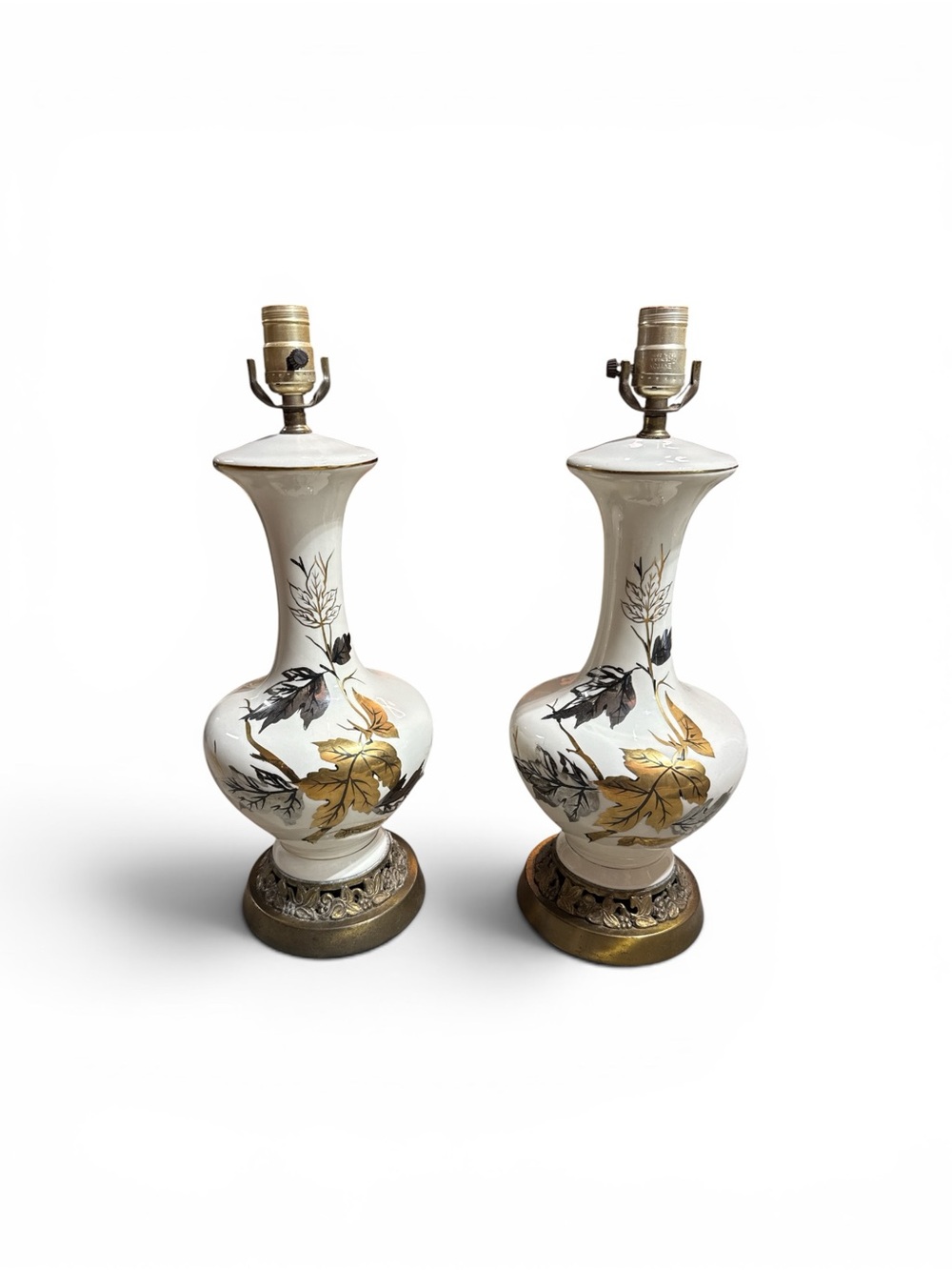 Vintage Pair 1960s Mid Century Ivory Off White 24K Gold Silver Leaf Table Lamps